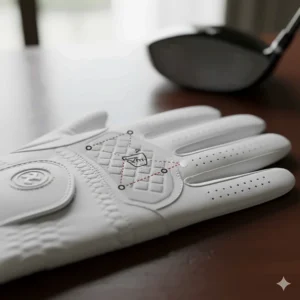 Diagram illustrating the textured leather palm area of the golf glove, designed to maximize grip and control during a swing.
