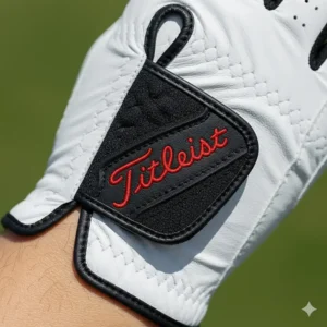 Clear image of the Titleist logo and the secure, comfortable Velcro closure system on the wrist of the golf glove.