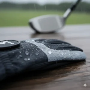 Water beading up on the specialized synthetic material of the wet weather golf rain gloves.