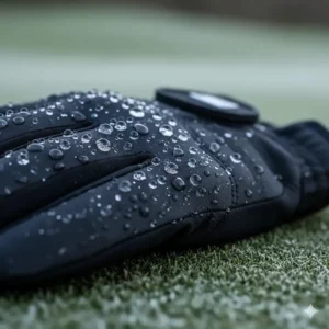 Water beading on the specialized, waterproof material of a high-performance pair of winter golf gloves.