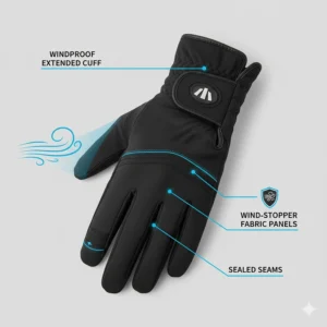 Diagram illustrating the specialized, windproof construction and extended cuff of quality winter golf gloves.