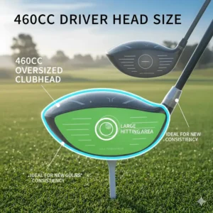 Illustration of a 460cc driver head showing the large hitting area ideal for new golfers.