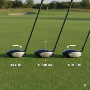 Three views of an adjustable driver face showing open, closed, and neutral alignment.