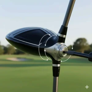 Illustration of an adjustable driver hosel showing how to increase or decrease loft settings.