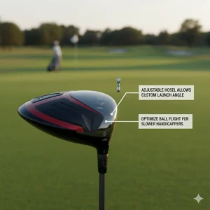 Technical drawing of an adjustable loft hosel on a driver, allowing high handicappers to customize their launch angle.