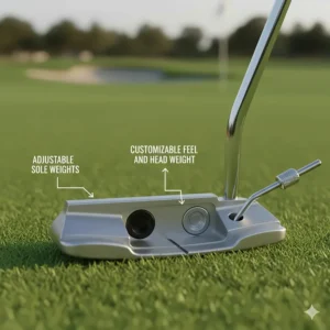 Illustration of adjustable sole weights in a mallet putter to customize feel and head weight.
