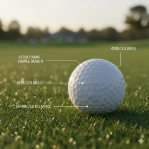Close-up illustration of aerodynamic dimple patterns that reduce drag to help golf balls travel further.