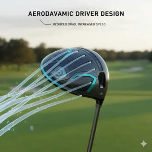 Photorealistic view of a golf driver head emphasizing the sleek, carbon-fiber construction for increased swing speed.
