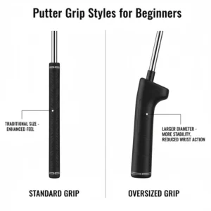 Illustration of standard and oversized putter grips that provide better stability for new players.