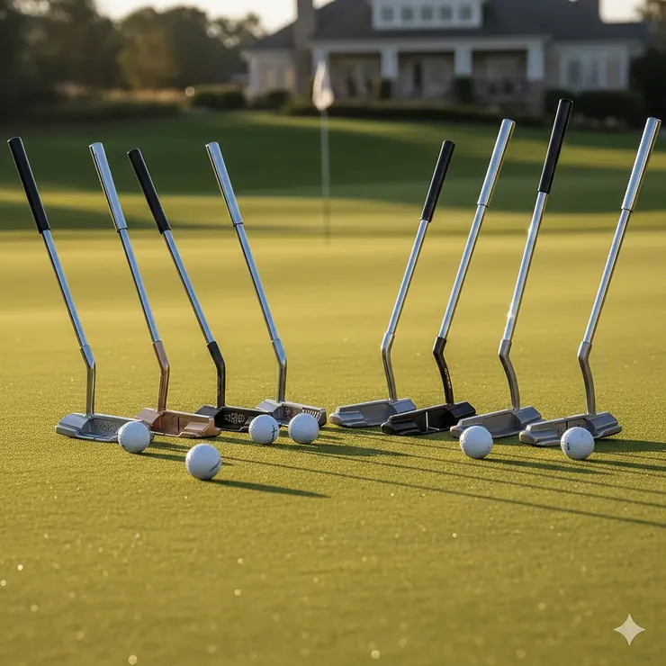 A collection of the year's best blade putters lined up on a professional green, showing various finishes and neck styles.