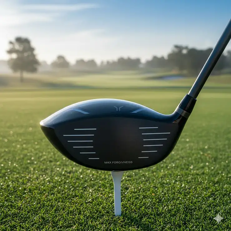 A high-quality golf driver sitting on a tee at a scenic golf course, representing the best drivers for beginners.