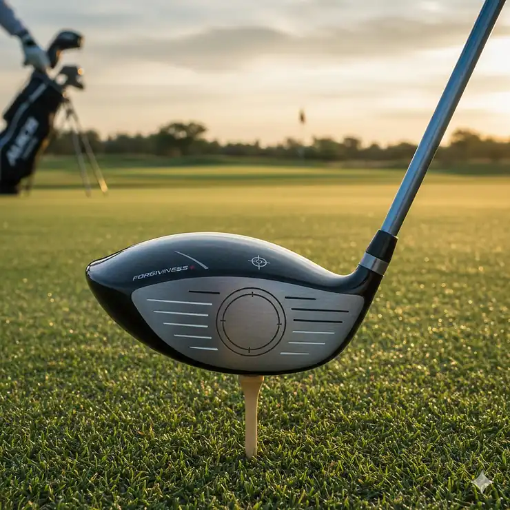 A premium high-forgiveness golf driver positioned on a tee at a golf course, designed to help high handicappers improve distance and accuracy. drivers for high handicappers