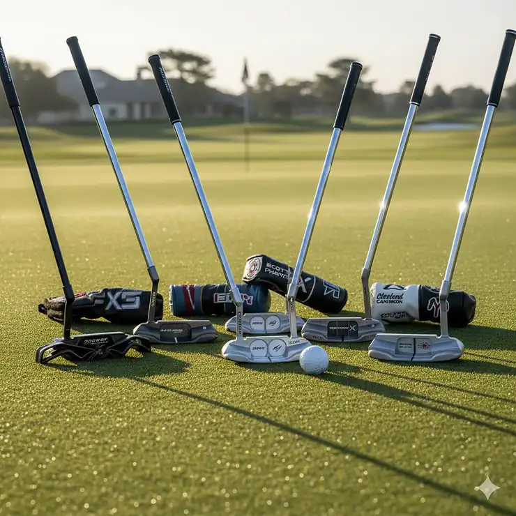 A collection of the best mallet putters for 2026, including top models from Odyssey, TaylorMade, and Scotty Cameron on a green.