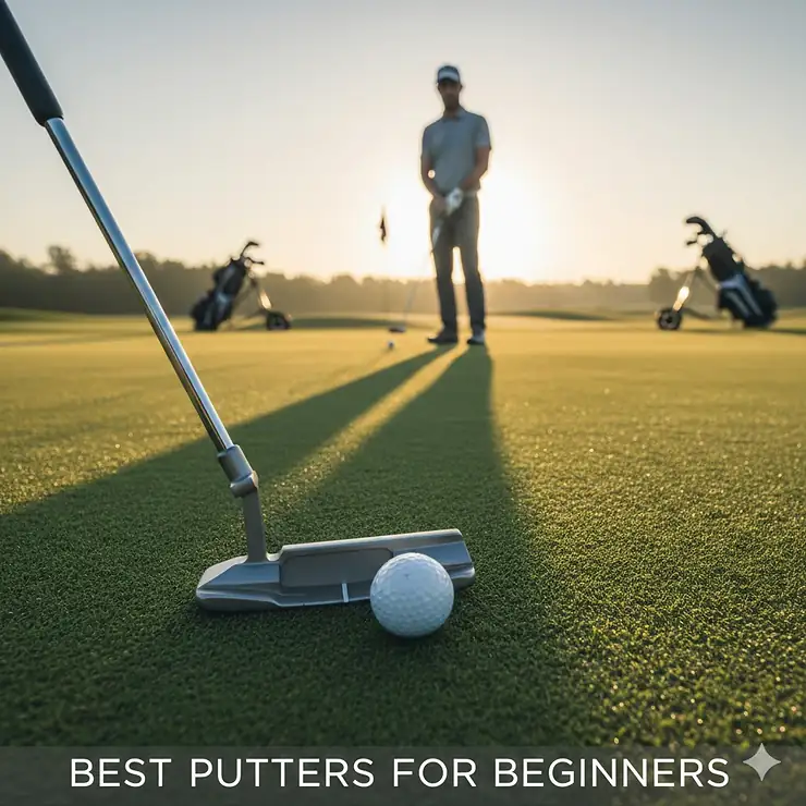 A beginner golfer lining up a shot on a green with one of the best putters for beginners.