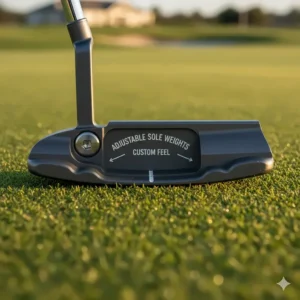 Bottom view of a blade putter showing adjustable tungsten sole weights for custom feel.