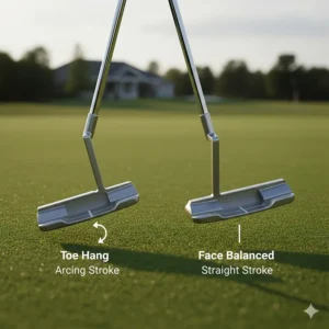 Illustration comparing toe hang and face-balanced blade putters for different stroke types.