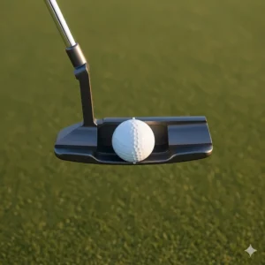 Overhead view of a premium blade putter at address showing clean alignment lines.