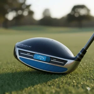 Detailed shot of the adjustable perimeter weighting track on the back of a Callaway Paradym driver.