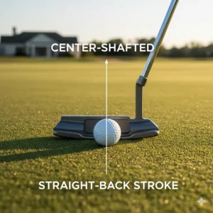 A center-shafted blade putter resting on a green, ideal for golfers with a straight-back straight-through stroke.