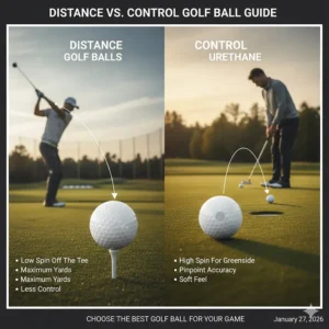 A visual guide helping golfers choose the best golf balls for distance off the tee or control around the green.