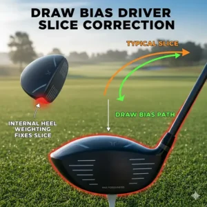 Illustration showing internal heel weighting in a driver to help beginners fix a slice.