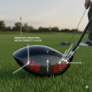 Diagram of internal heel weighting in a driver for high handicappers to help correct a slice.