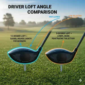 Side-by-side comparison of 9-degree vs 12-degree driver lofts for beginner launch height.