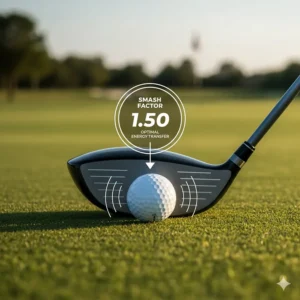 Close-up of a modern golf driver at address, illustrating the technology needed to achieve a 1.50 smash factor.