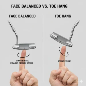 Illustration of a face-balanced putter suitable for high handicappers with a straight-back, straight-through putting stroke.