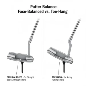 Illustration explaining the difference between face-balanced and toe-hang putters for a beginner's putting stroke.
