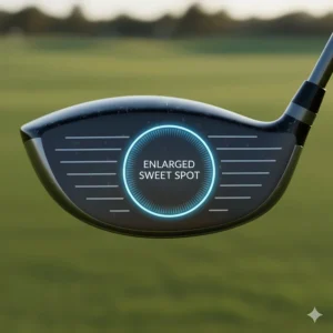 Close-up illustration of a golf driver face highlighting a large sweet spot for off-center hits.