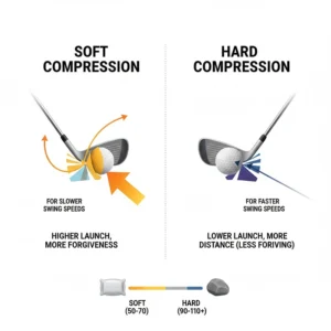 Illustration comparing soft compression vs hard compression golf balls for slower swing speeds.