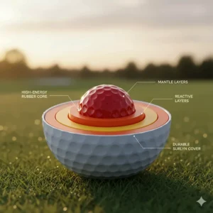 Diagram showing the high-energy rubber core of a golf ball designed for explosive initial velocity.
