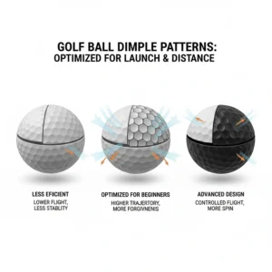 Close-up illustration of golf ball dimple patterns designed to help beginners achieve higher launch.