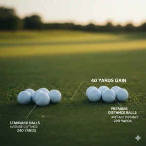 A graphic showing distance test results comparing standard balls to premium distance-optimized golf balls.