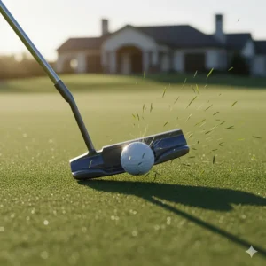 A high-speed shot of a golf ball making impact with a blade putter on a putting green.