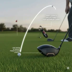 Graphic illustrating the high launch trajectory achieved by drivers with a low center of gravity.