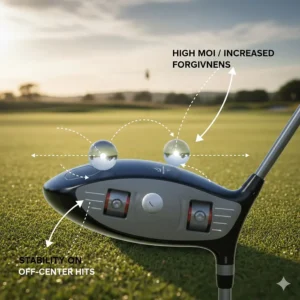 Diagram showing how rear-positioned weights in adjustable drivers increase MOI for more forgiveness.
