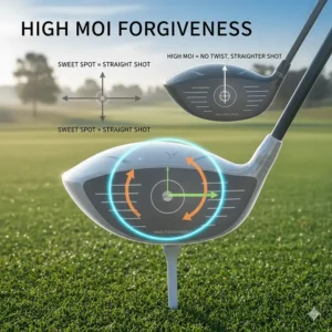 Diagram showing how high MOI in beginner drivers prevents twisting on off-center hits.