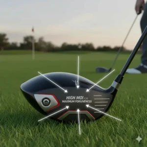 Illustration showing a large 460cc driver head with high MOI for maximum stability on off-center hits.
