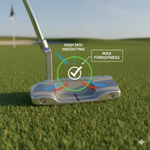 Diagram showing high MOI mallet putter construction designed for maximum stability and forgiveness on off-center hits.