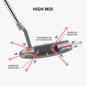 Technical diagram showing perimeter weighting in putters for high handicappers to increase forgiveness on off-center hits.