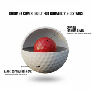 Illustration highlighting the durable ionomer cover typical of affordable beginner golf balls.
