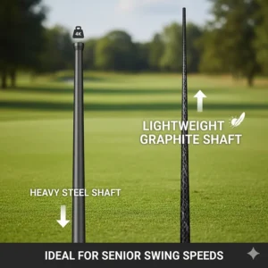 Diagram comparing a heavy steel shaft to a lightweight graphite shaft ideal for senior swing speeds.