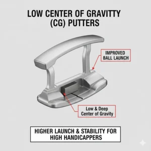 Diagram showing the low and deep center of gravity in putters for high handicappers to improve launch and roll.