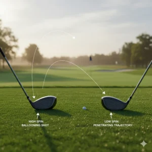 Detailed side view of a low-spin driver head designed to prevent ballooning and maximize total yardage.