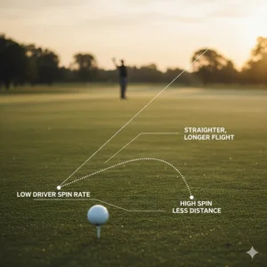 Visual representation of how low driver spin rates keep golf balls on a straighter, longer flight path.
