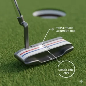 Close-up of mallet putter alignment aids with triple track lines to help golfers square the face to the target.