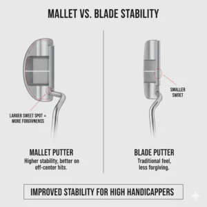 Comparison showing the larger sweet spot and stability of mallet putters versus traditional blade putters.