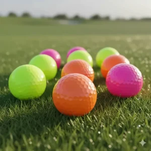 A variety of neon and matte color golf balls that are easy for beginners to track in the air and find in the grass.